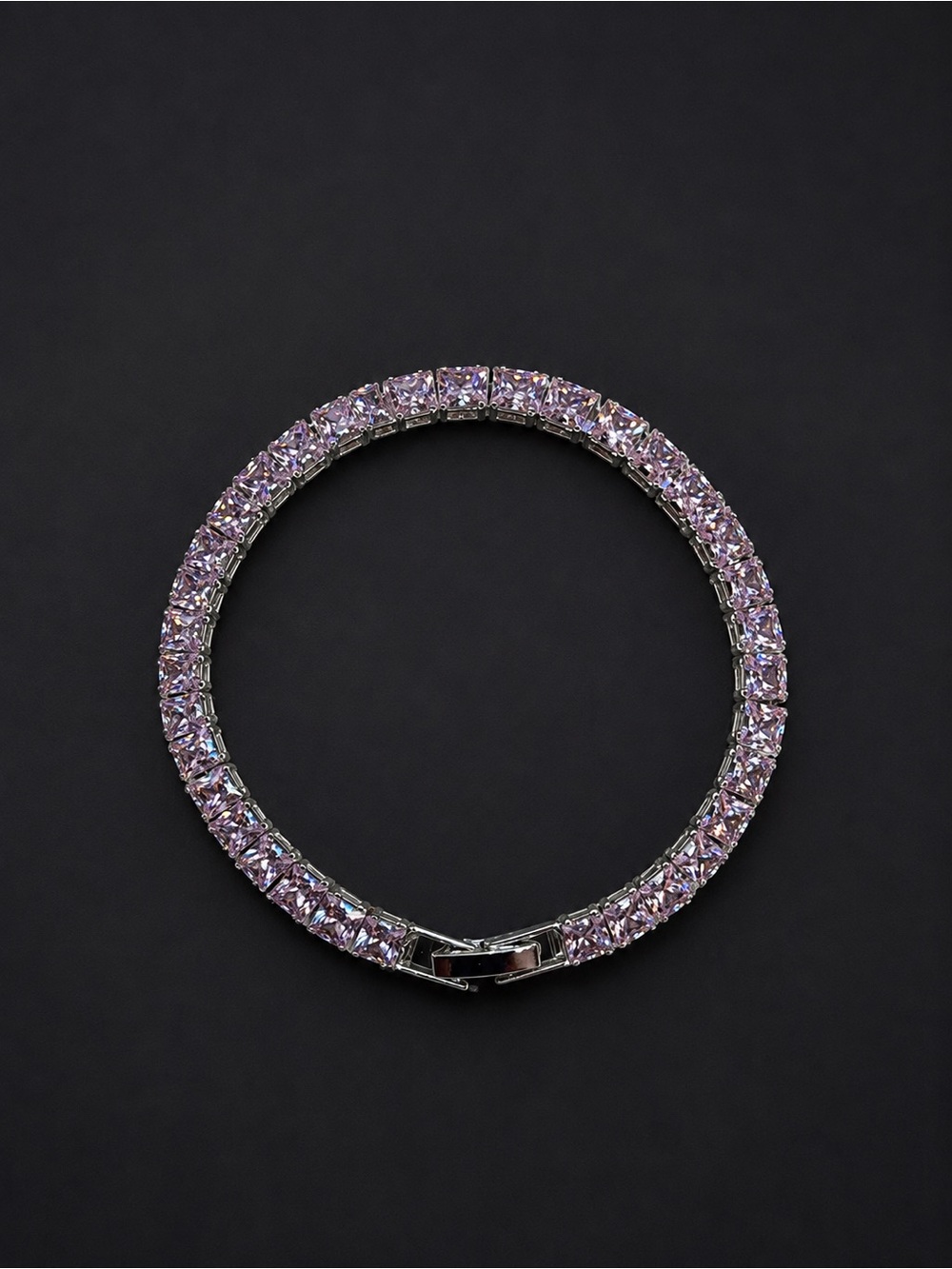 Pink Crystal Tennis Bracelet in Silver Tone - 18 K over copper 7 inches